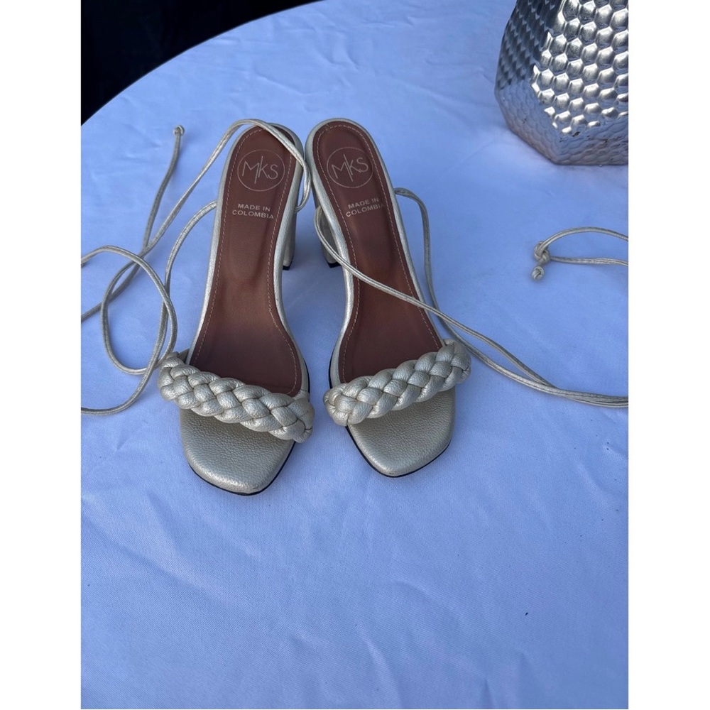 MKS Braided Strap Metallic Lace-Up Heeled Sandals - Gold